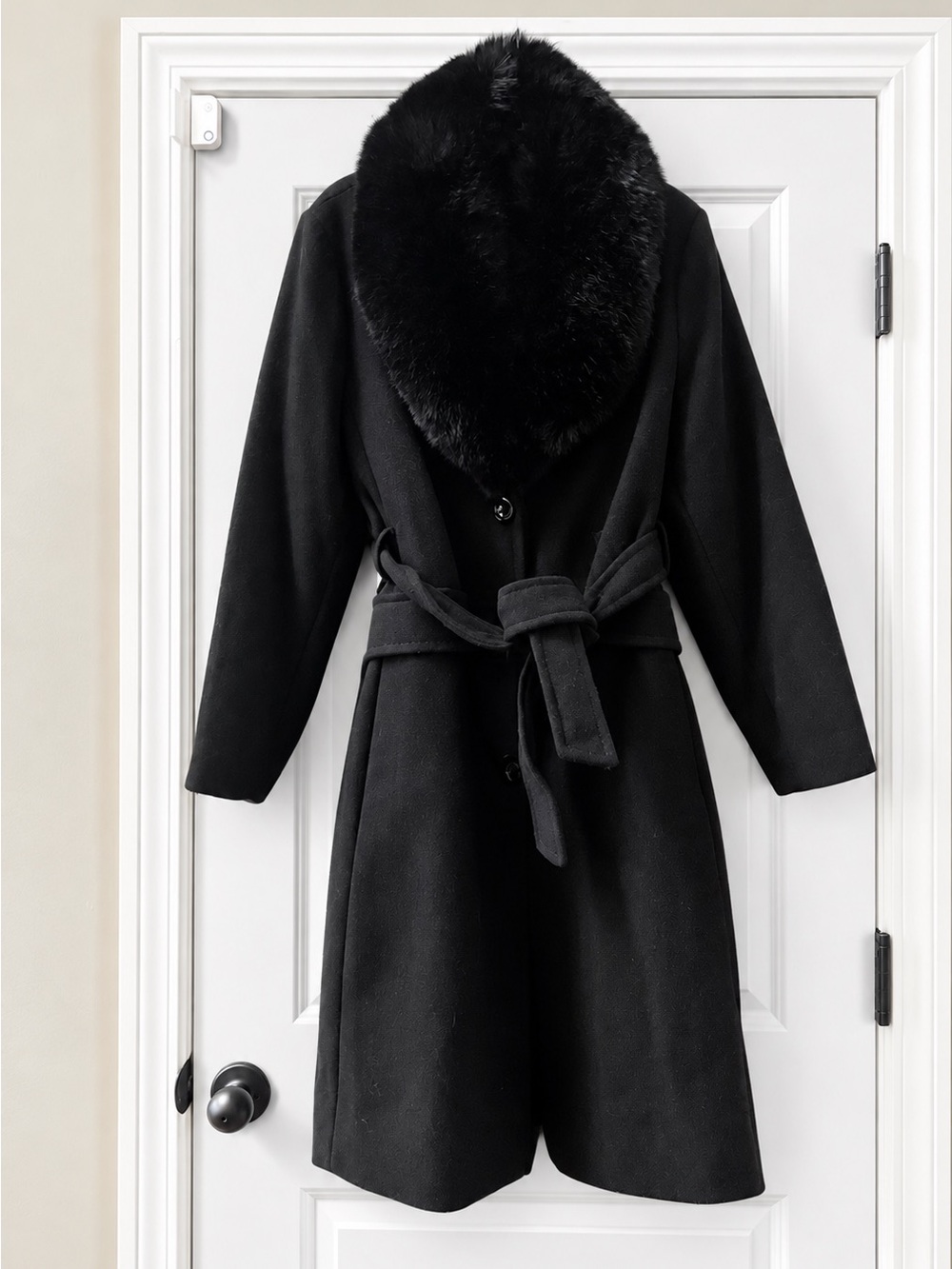 Kate Spade New York Black Wool Faux Fur Collar Belted Coat XL